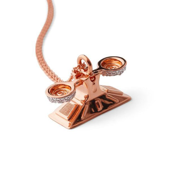 Detail view of Equal Pay For Equal Work rose gold-plated Scale necklace by Pavé The Way® Jewelry
