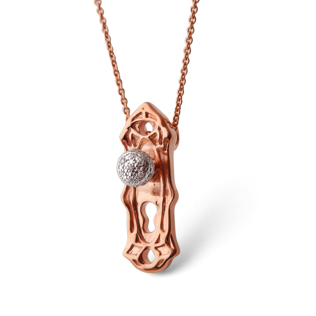 Check Your Bias At The Door rose gold-plated Door knob necklace by Pavé The Way® Jewelry