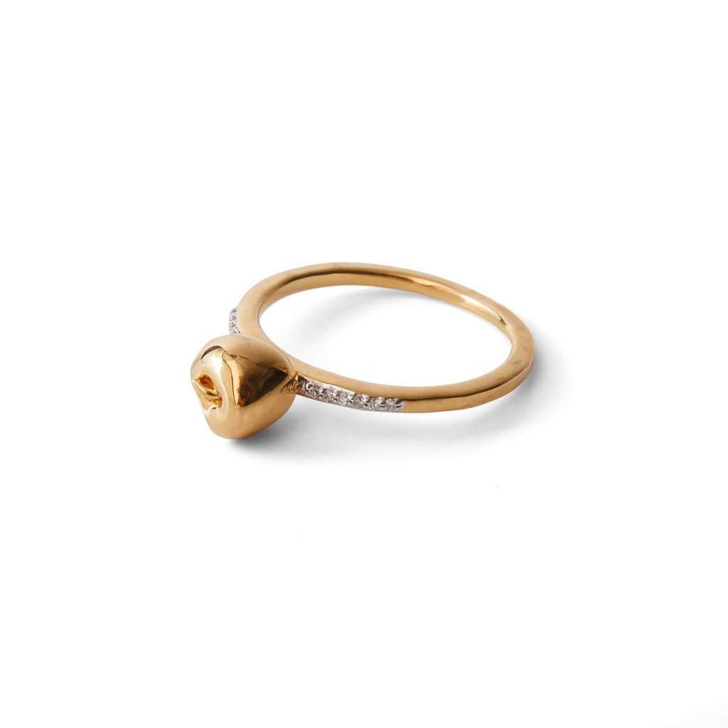 Side view of Equal To The Core gold-plated Apple ring by Pavé The Way® Jewelry