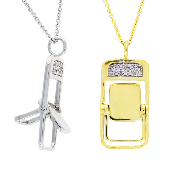 Take A Seat in sterling silver and gold-plated Chair necklaces by Pavé The Way® Jewelry