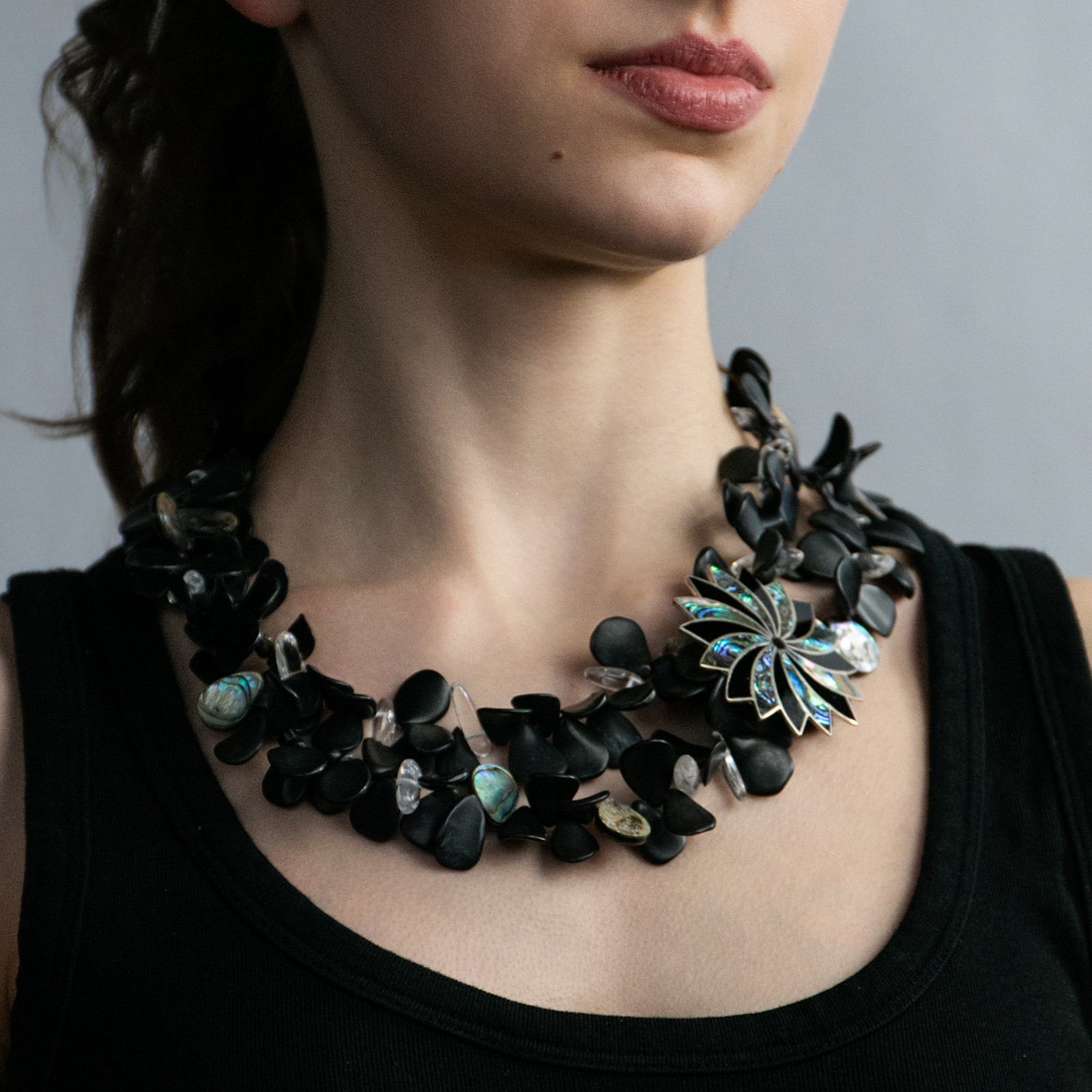 Abalone & Onyx Silver Petal Necklace