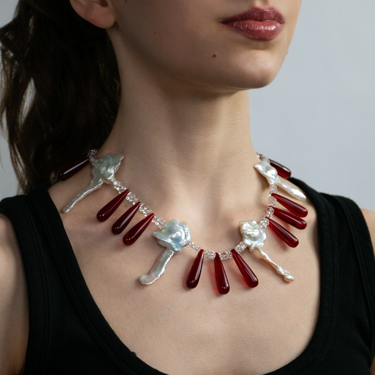 Garnet Key Pearl Necklace