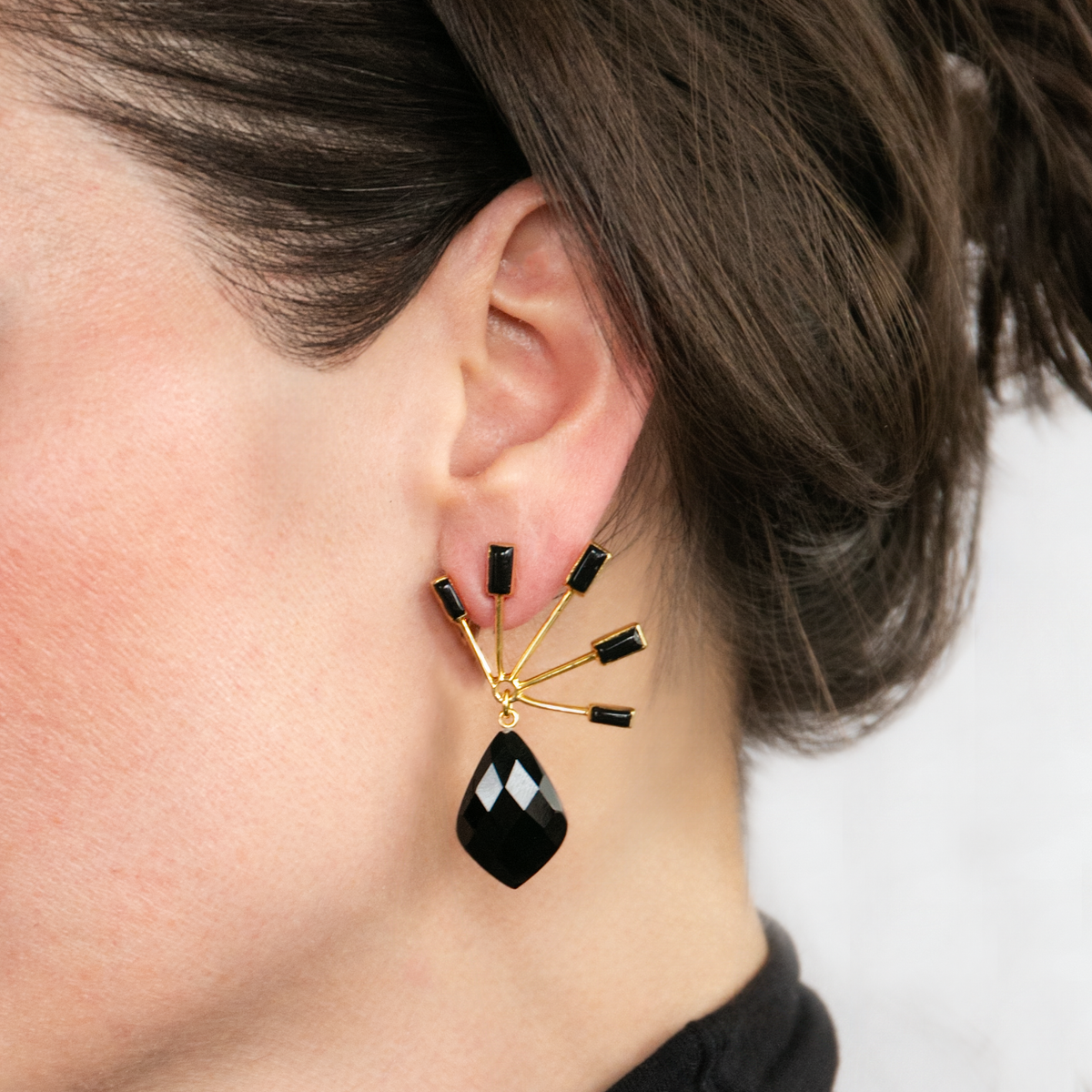 Half Sun Earrings with Black Onyx Drops