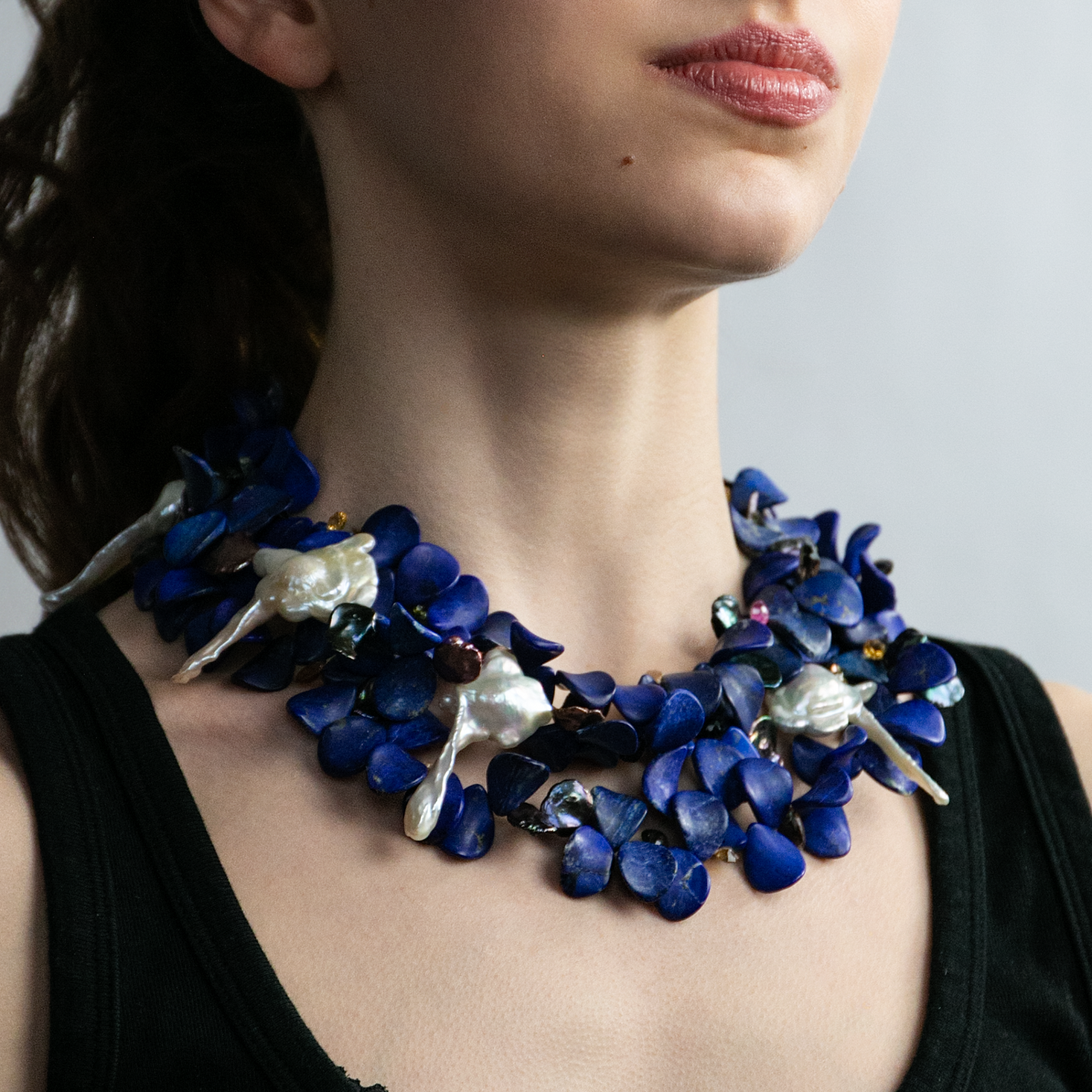 Lapis Key Pearl Petal Necklace