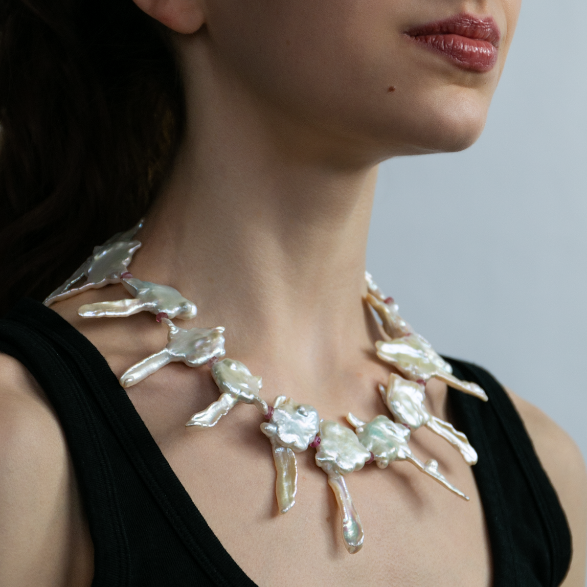 Pink Tourmaline Key Pearl Necklace