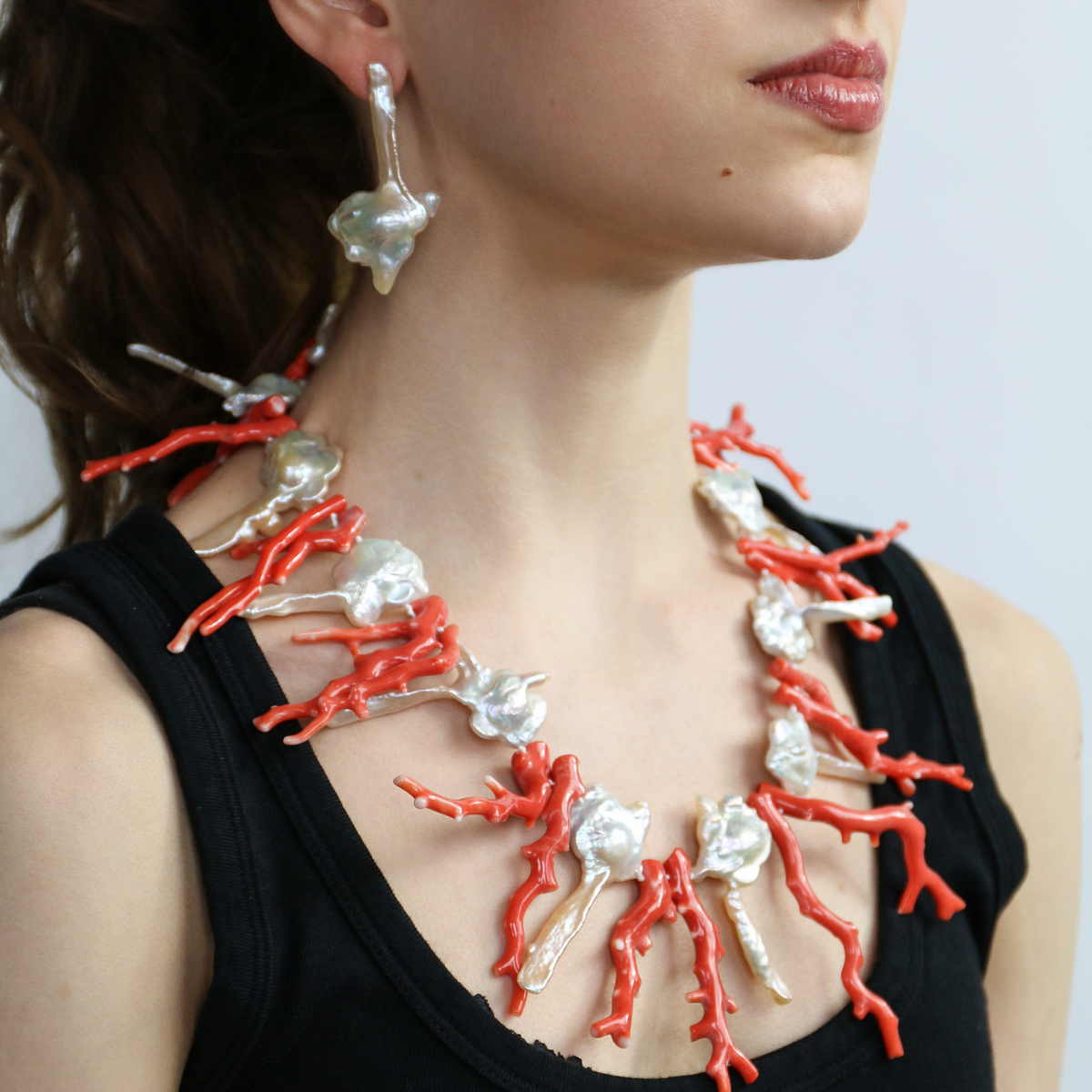 Red Coral Key Pearl Necklace