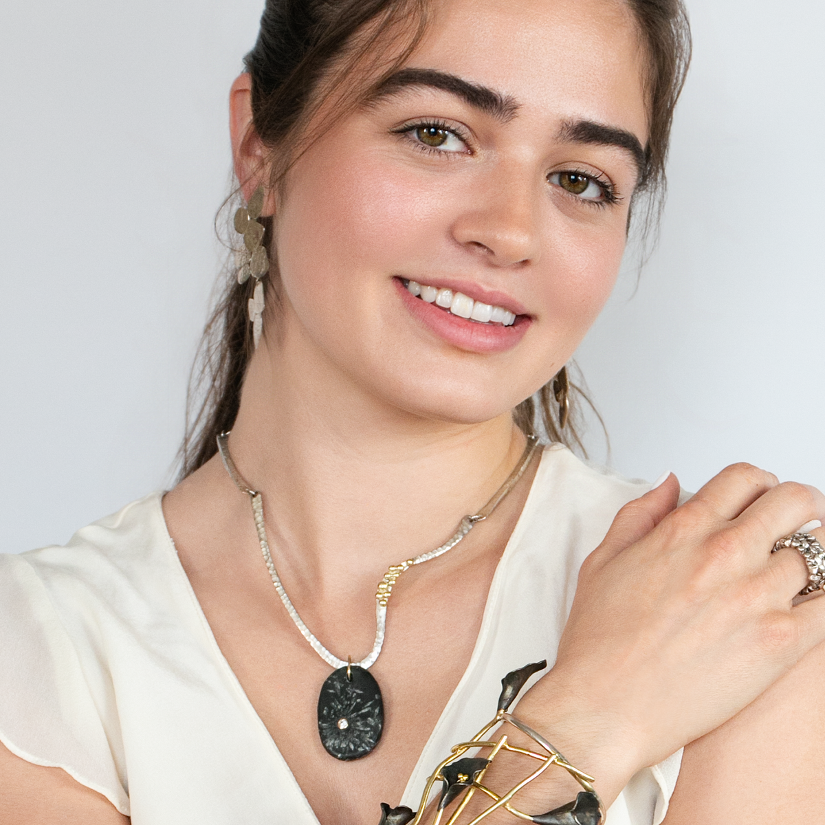 Vermeil Wave Necklace with Removable Chrysanthemum Stone Drop