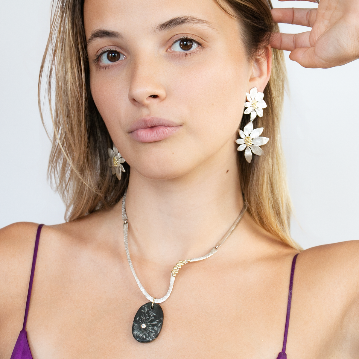 Vermeil Wave Necklace with Removable Chrysanthemum Stone Drop