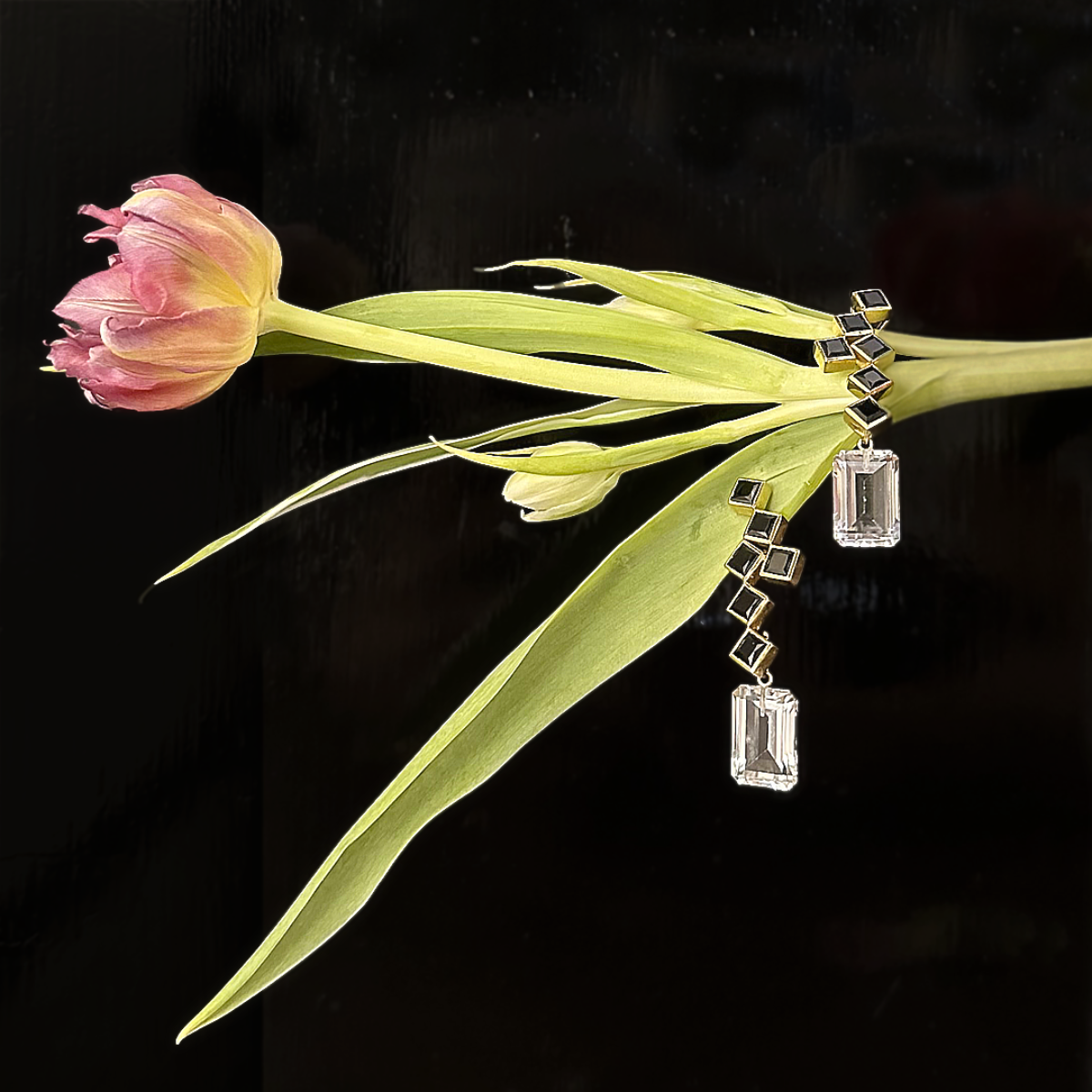 Load image into Gallery viewer, Black Onyx 57th Street Clip Earrings with White Topaz Drops
