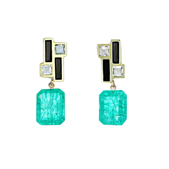 Mondrian Earrings with Emerald Drops