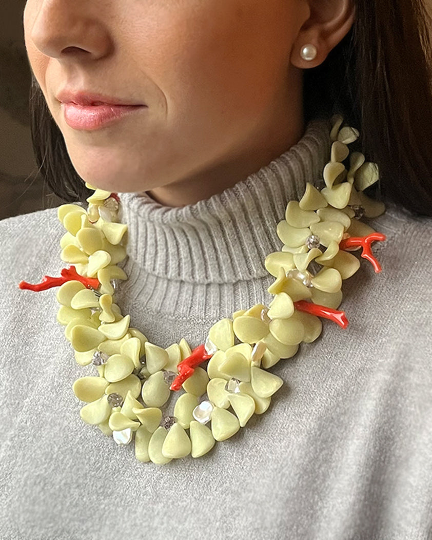 Coral &amp; Serpentine Petal Necklace