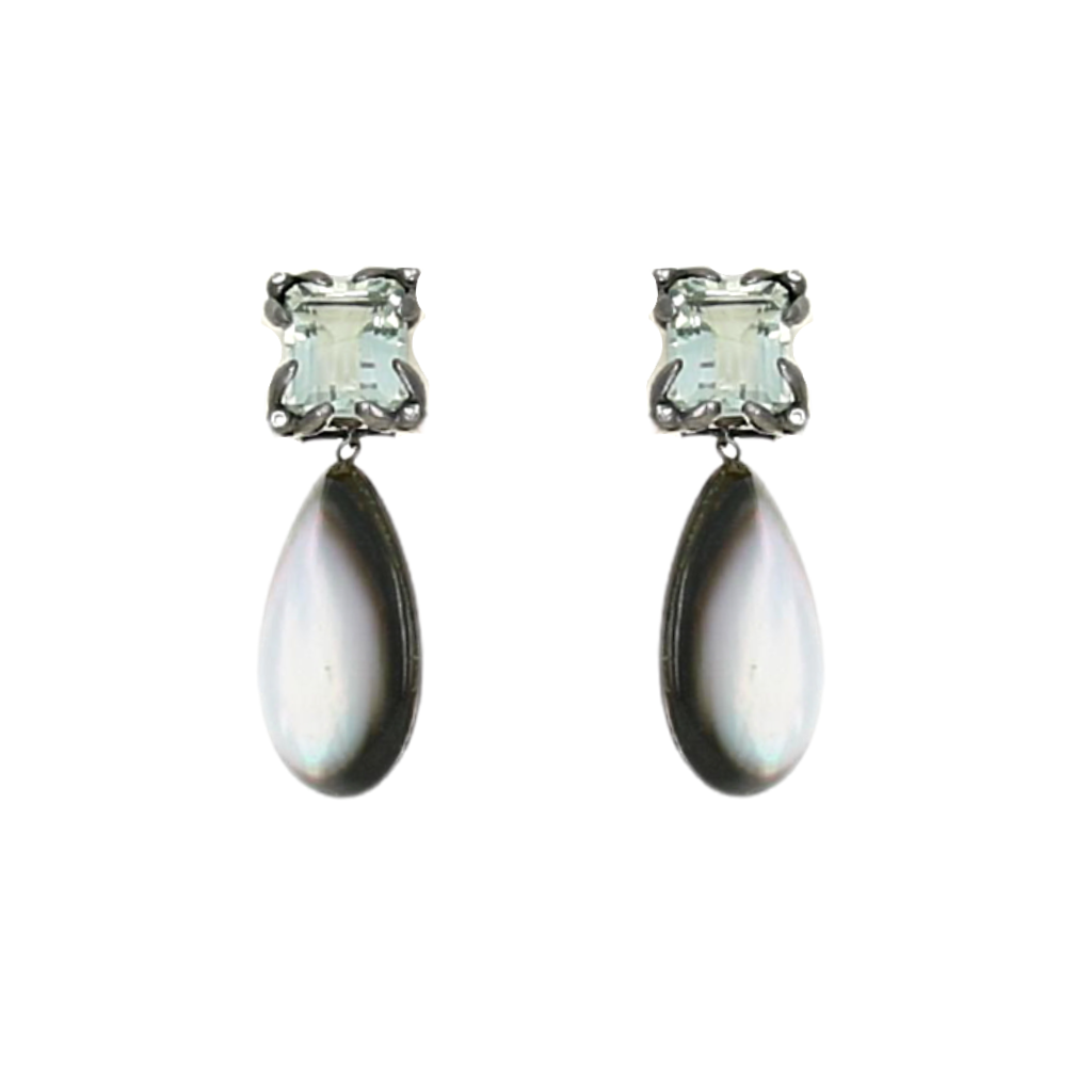 Green Amethyst &amp; Gray Mother of Pearl Clip Earrings