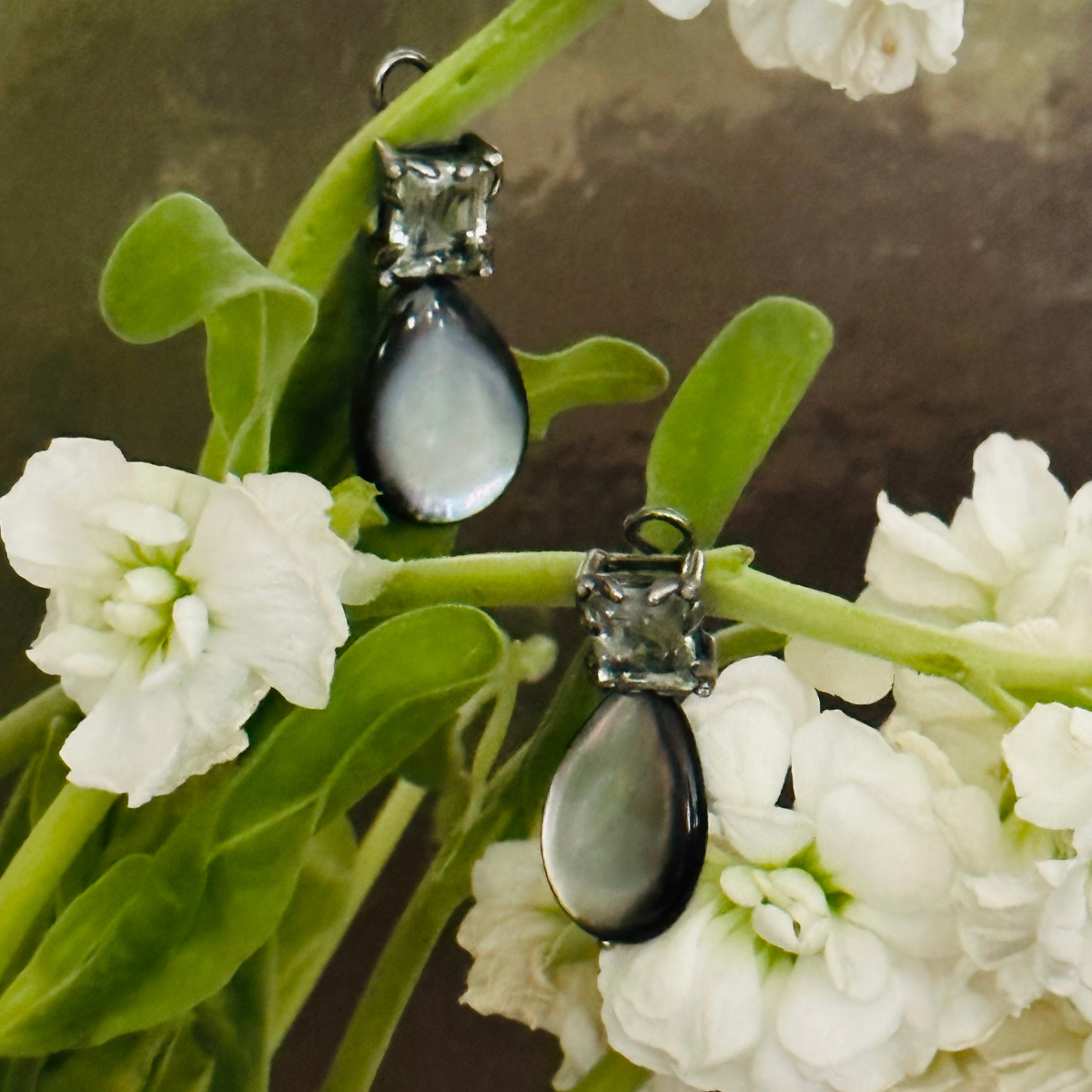 Green Amethyst &amp; Gray Mother of Pearl Clip Earrings