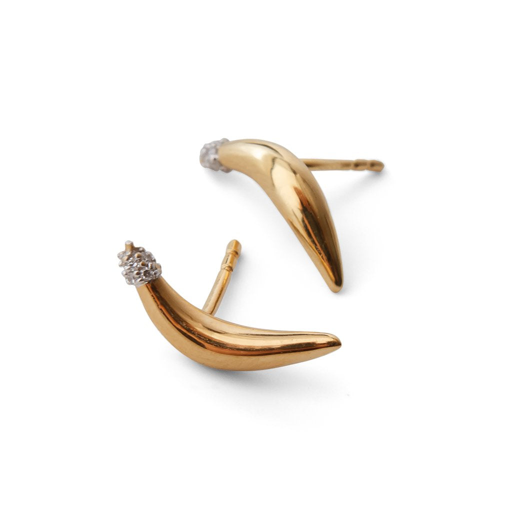Detail shot of A-Peel To Equality gold-plated Banana Stud Earrings by Pavé The Way® Jewelry 