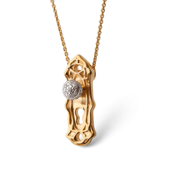 Load image into Gallery viewer, Check Your Bias At The Door gold-plated Door knob necklace by Pavé The Way® Jewelry

