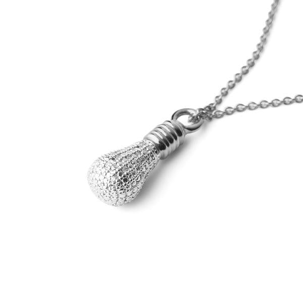 Load image into Gallery viewer, Side view of Genius! sterling silver Light Bulb necklace by Pavé The Way® Jewelry
