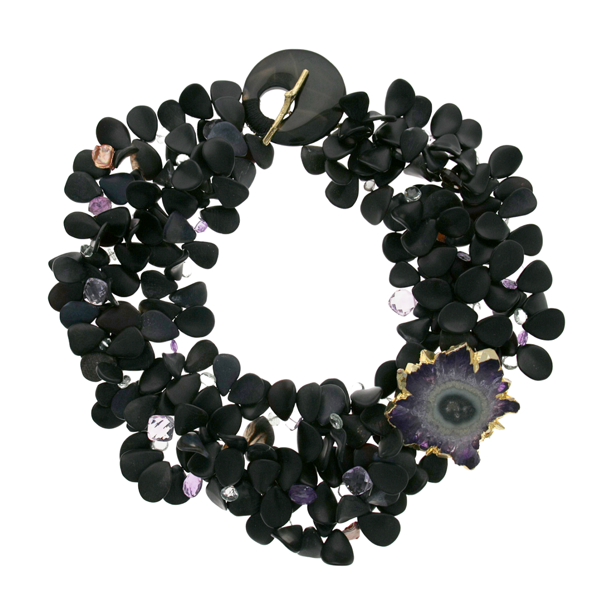 Three Strand Black Onyx Petal Necklace with Amethyst Geode