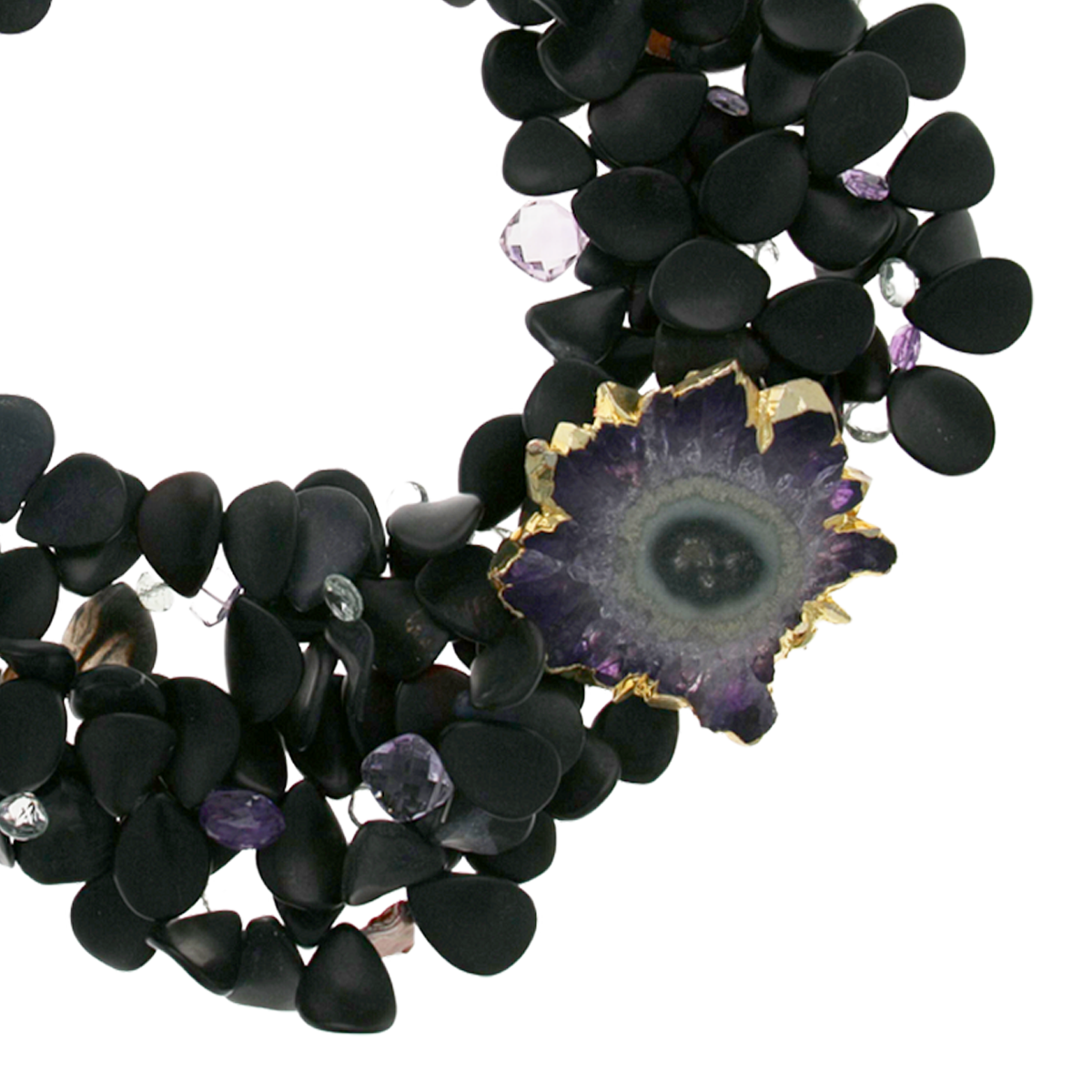 Three Strand Black Onyx Petal Necklace with Amethyst Geode