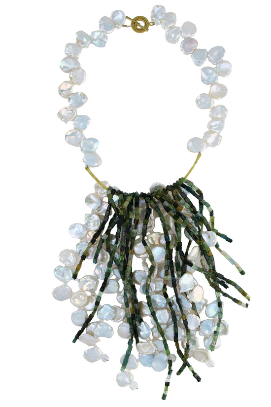 Load image into Gallery viewer, Pearl &amp;amp; Tourmaline Bib Necklace
