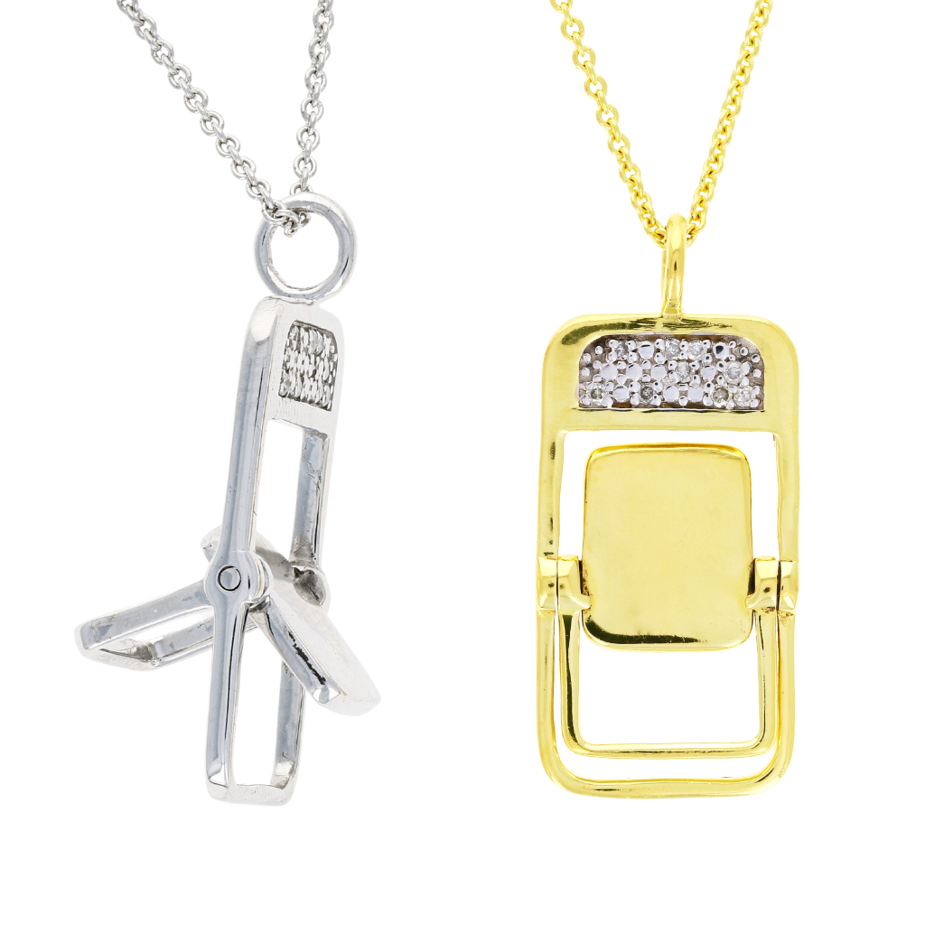 Load image into Gallery viewer, Take A Seat in sterling silver and gold-plated Chair necklaces by Pavé The Way® Jewelry
