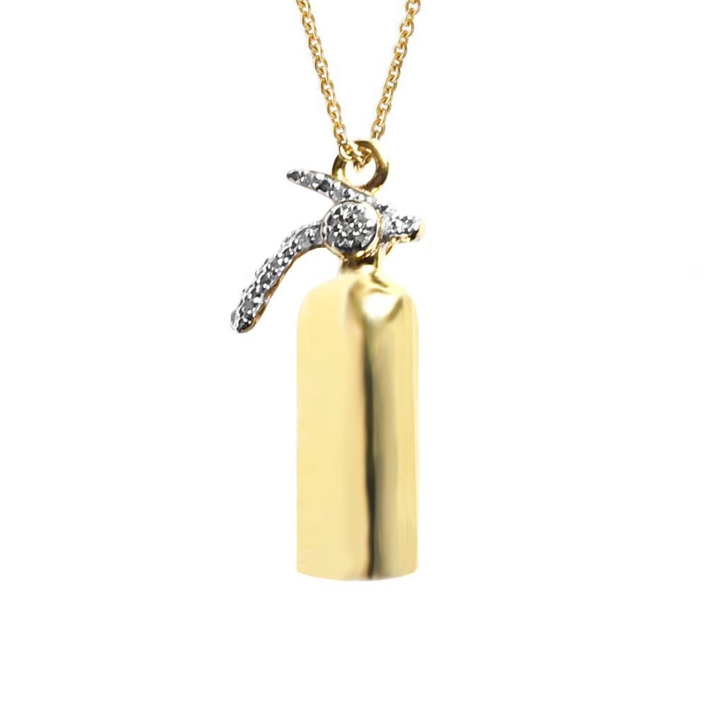Extinguish Hate gold-plated Fire Extinguisher necklace by Pavé The Way® Jewelry
