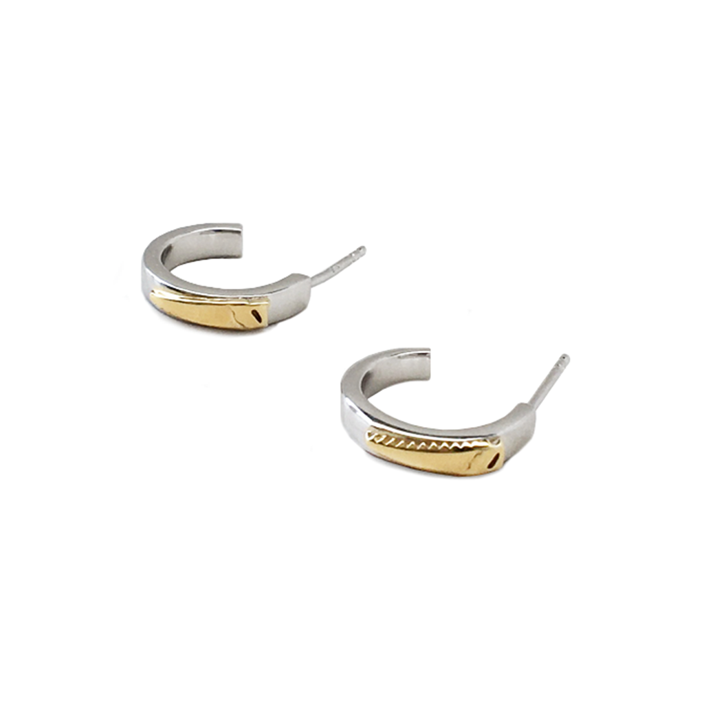 She Came | She Saw | She Conquered sterling silver and gold-plated Saw huggie earrings by Pavé The Way® Jewelry