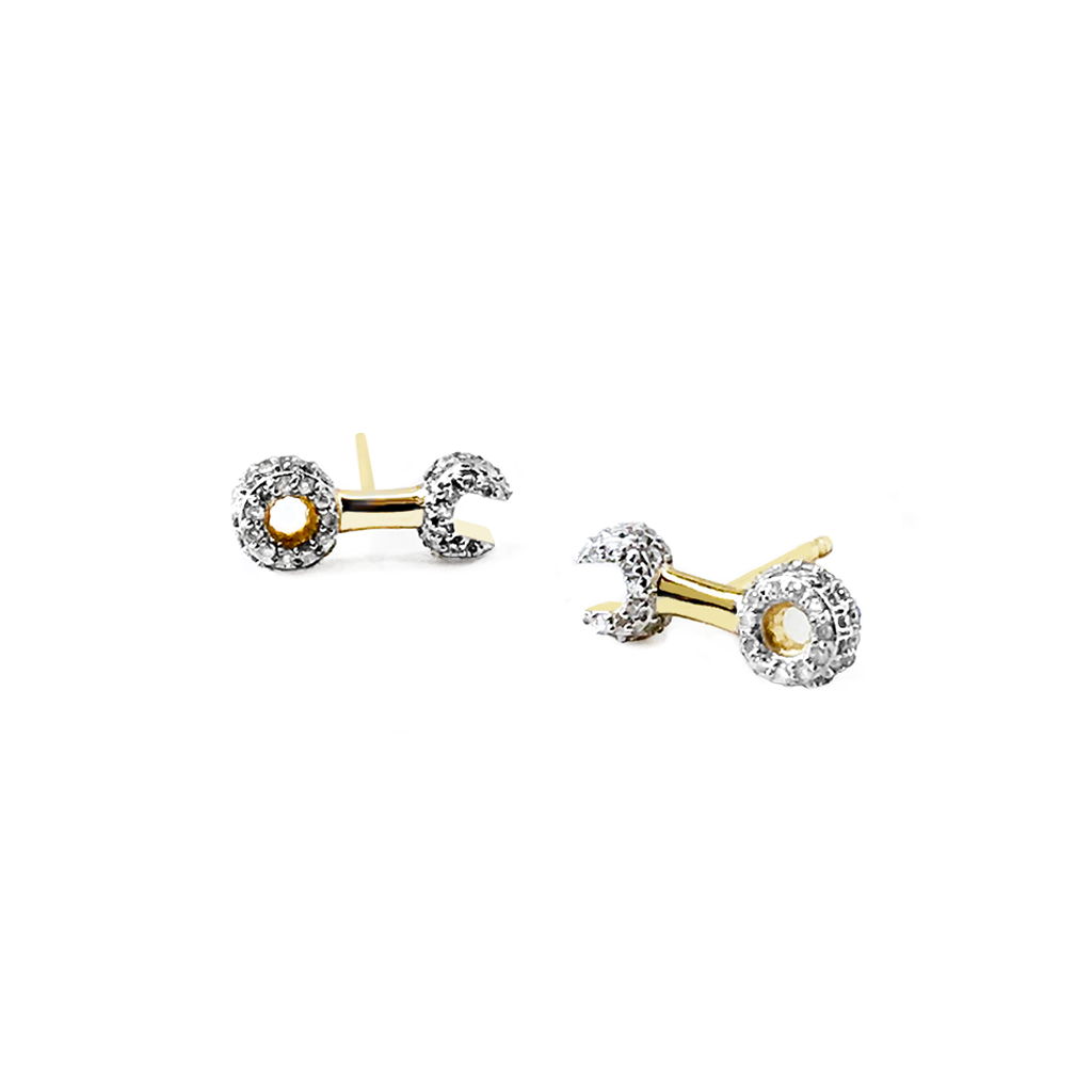 Crank It Up gold-plated Wrench stud earrings by Pavé The Way® Jewelry