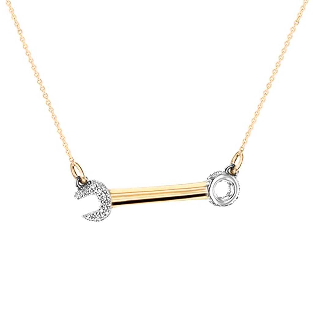 Load image into Gallery viewer, Crank It Up gold-plated Wrench necklace by Pavé The Way® Jewelry

