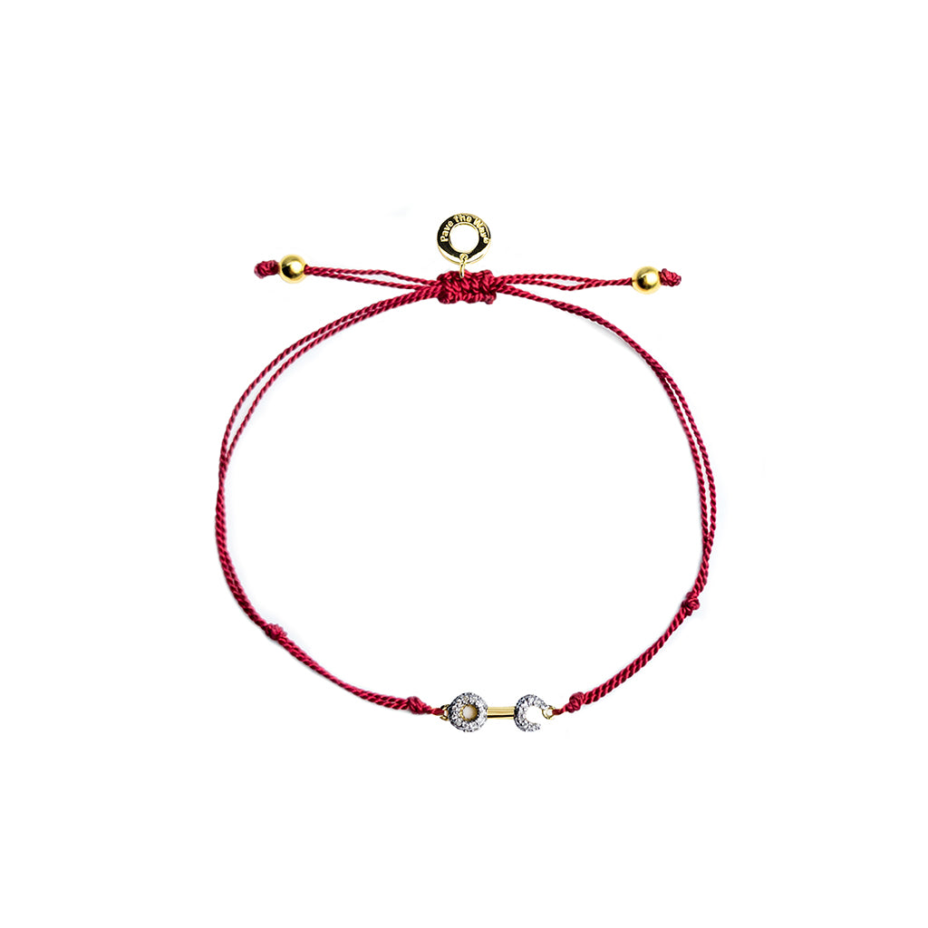 Load image into Gallery viewer, Crank It Up gold-plated Wrench red silk cord wish bracelet by Pavé The Way® Jewelry
